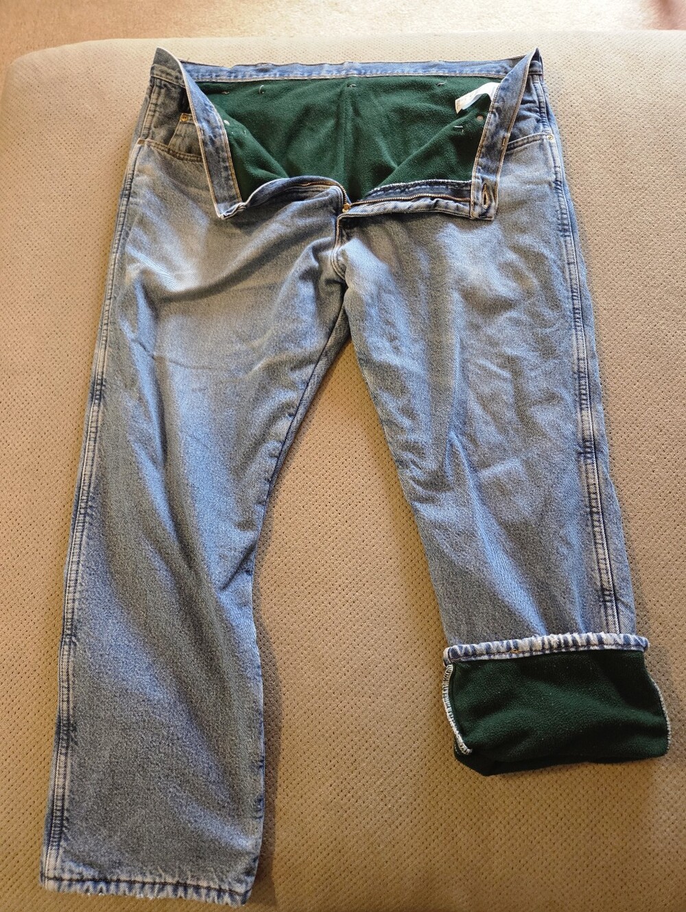 Wrangler Rugged Wear Fleece Lined Stonewash Blue Jeans green fleece interior